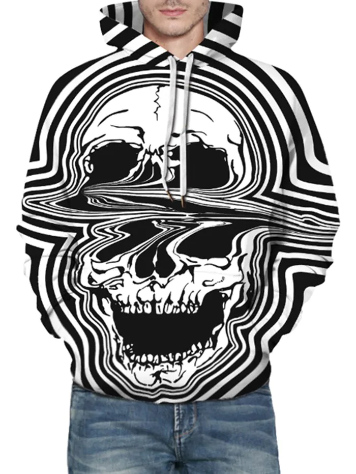 Distorted Skull Pattern Front Pocket Drawstring Hoodie