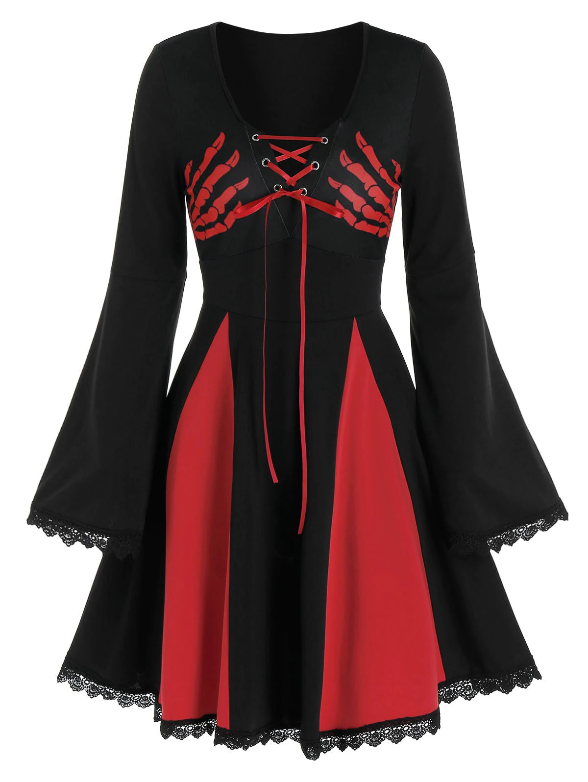 Halloween Skeleton Hands Print Lace-up Contrast Dress