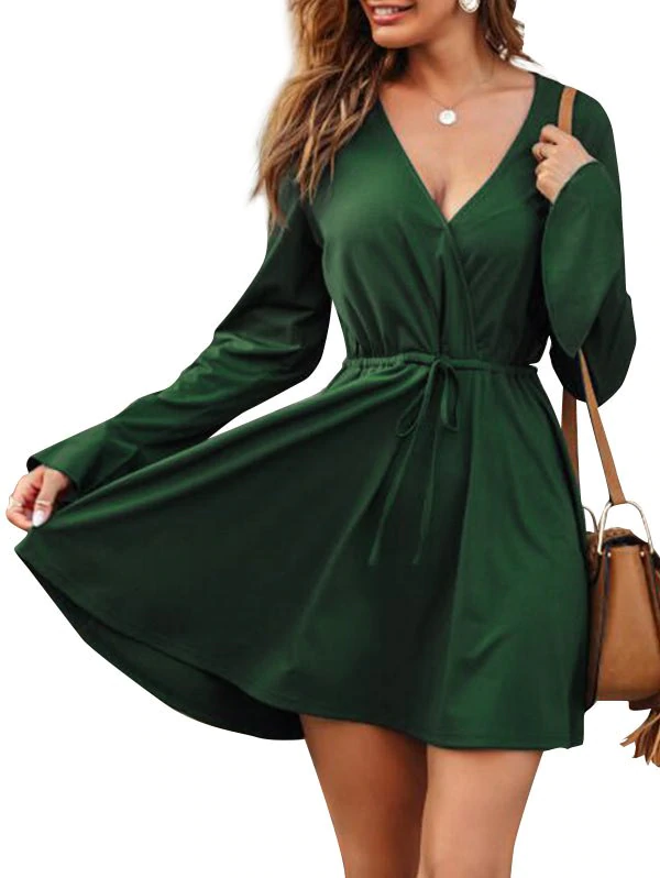 Waist Drawstring Poet Sleeve Surplice Dress