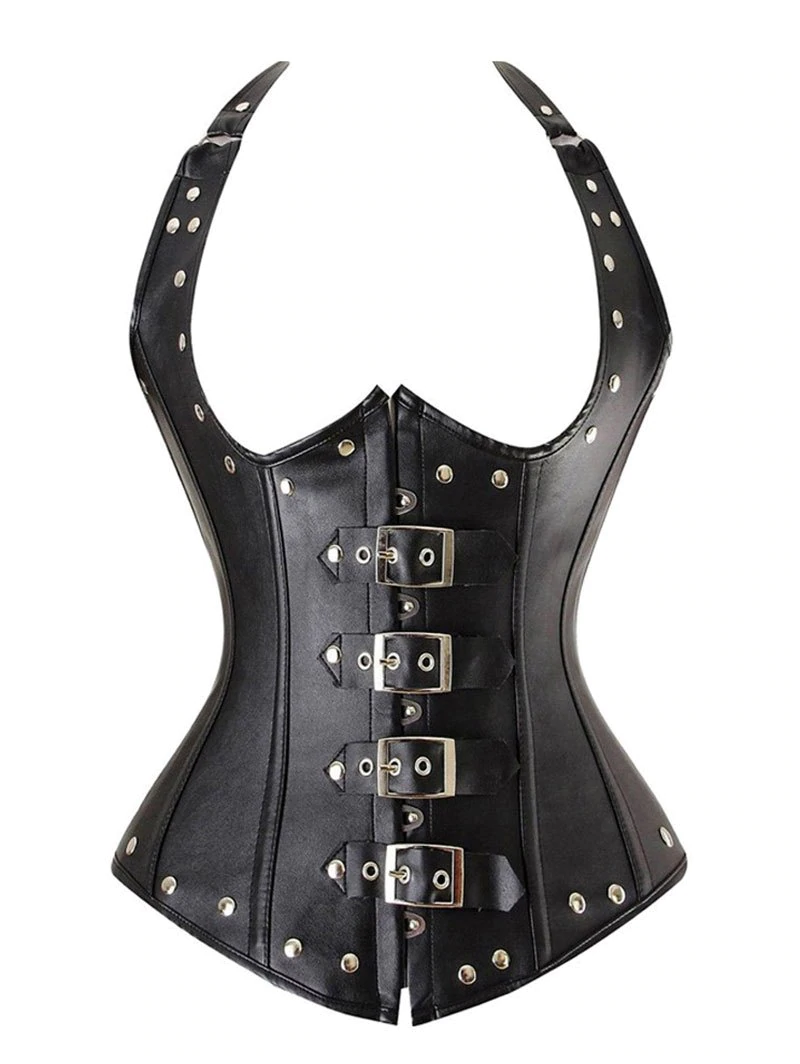 Plus Size Faux Leather Lace-up Rivet Halter Corset Set