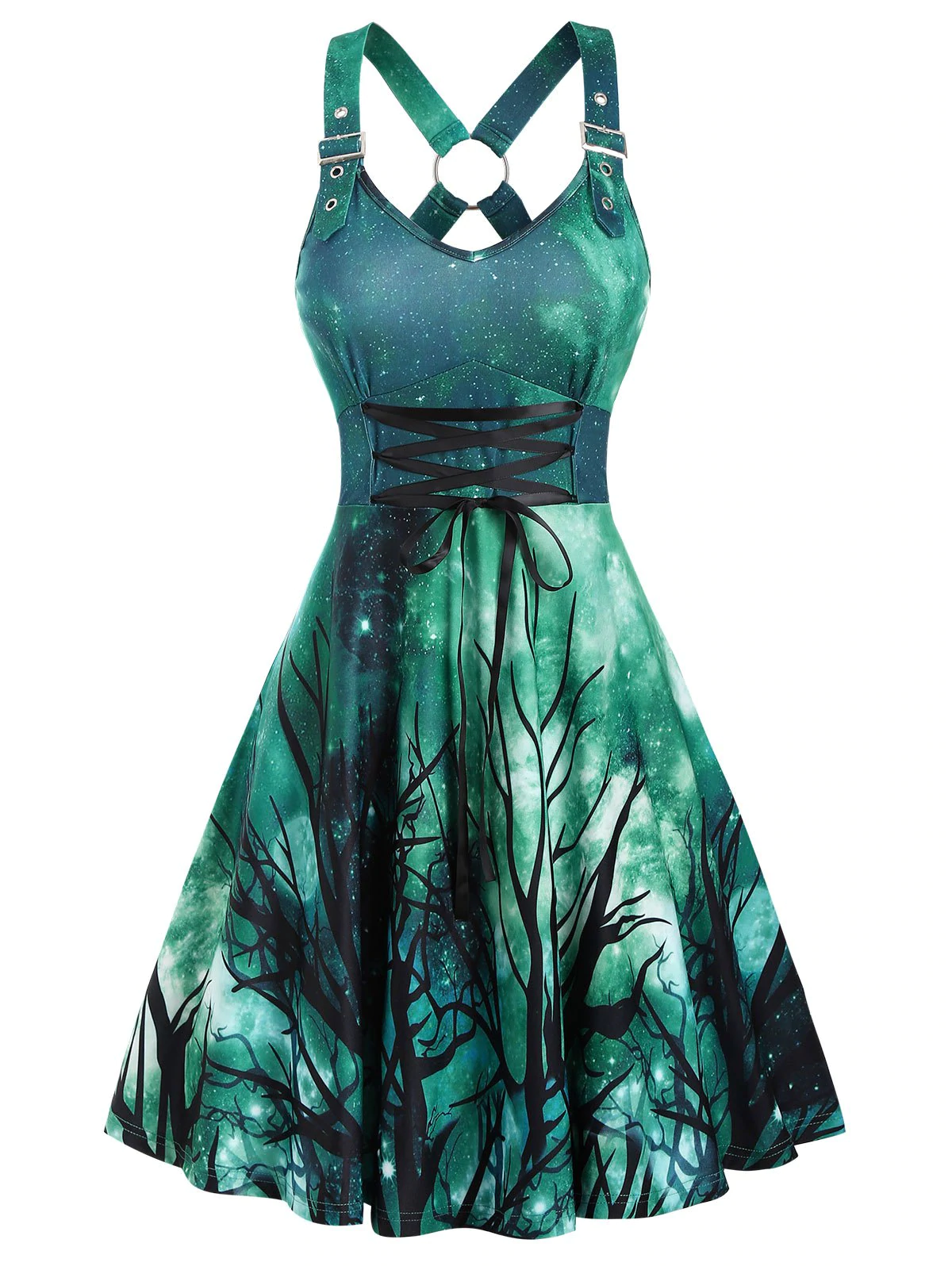 Trees Galaxy Print Lace Up Back Criss-cross Dress