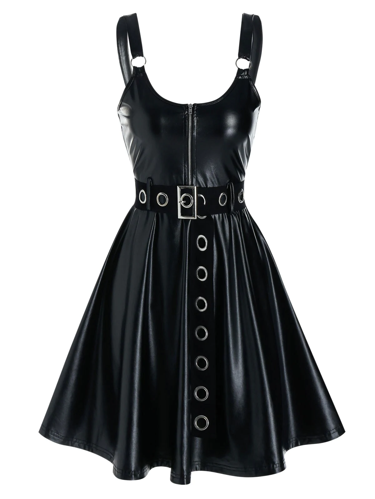 Sleeveless Grommet Belted Faux Leather Dress