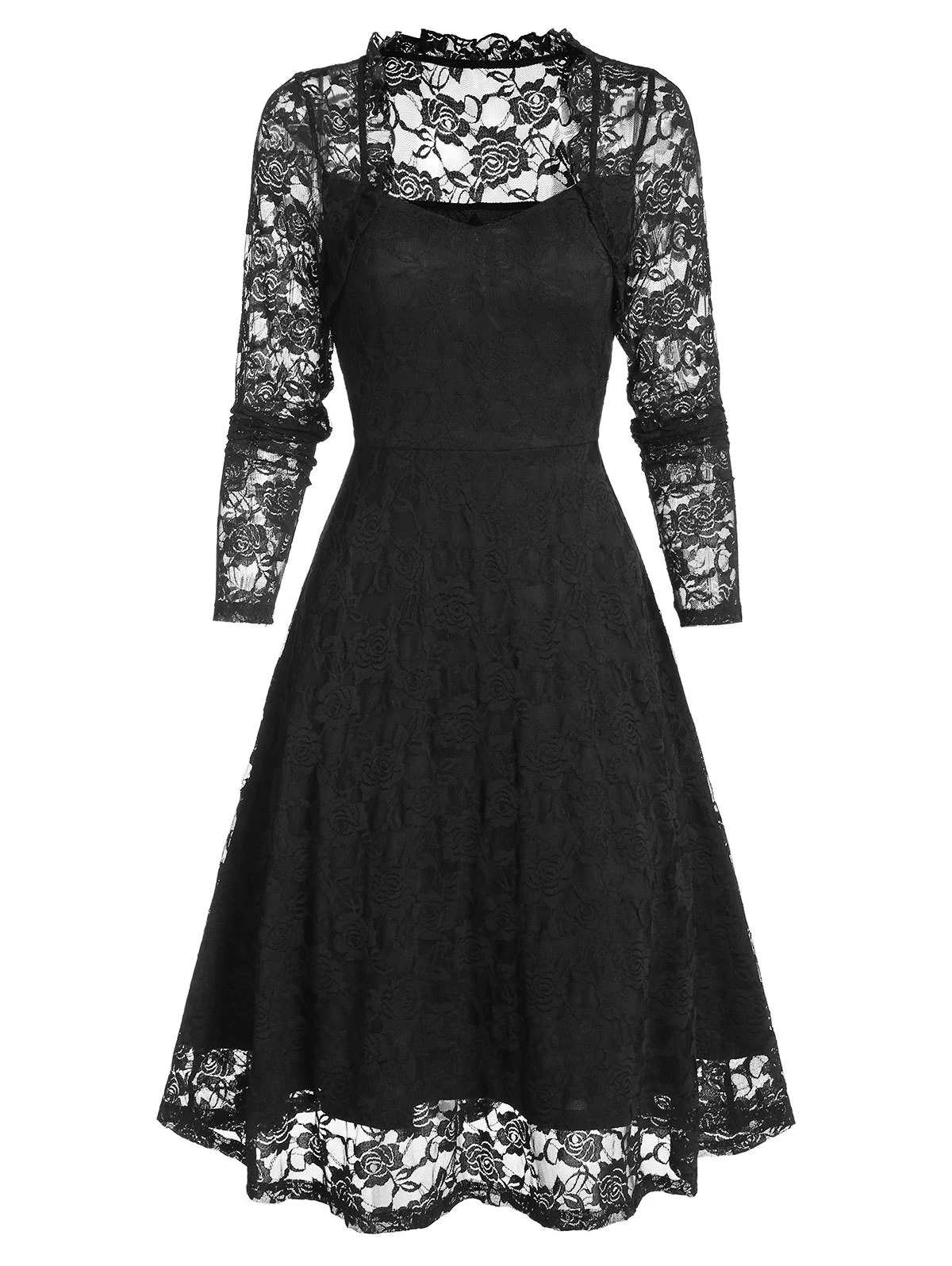 Floral Lace Ruffle Queen Anne Collar Dress