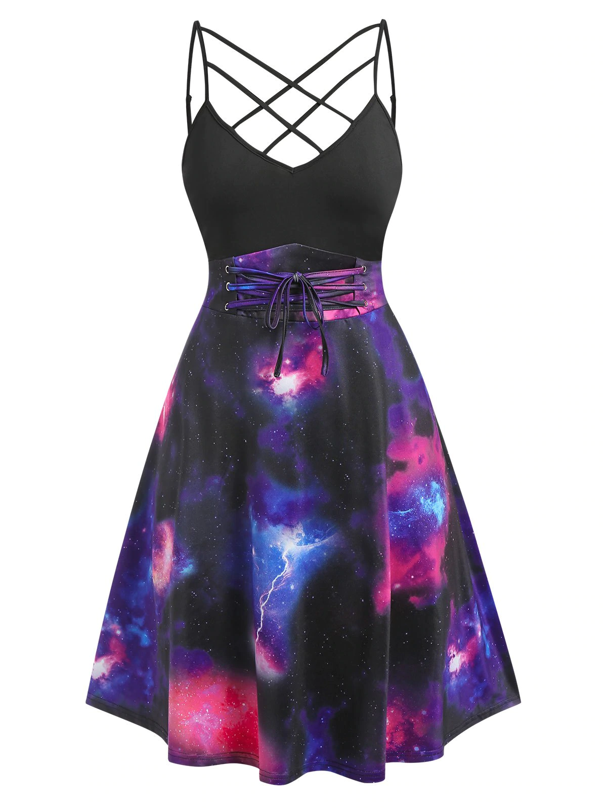 Plus Size Galaxy Lattice Lace-up A Line Dress