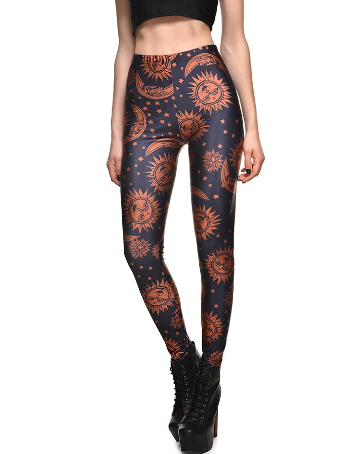 Sun Moon Star Print High Waisted Leggings