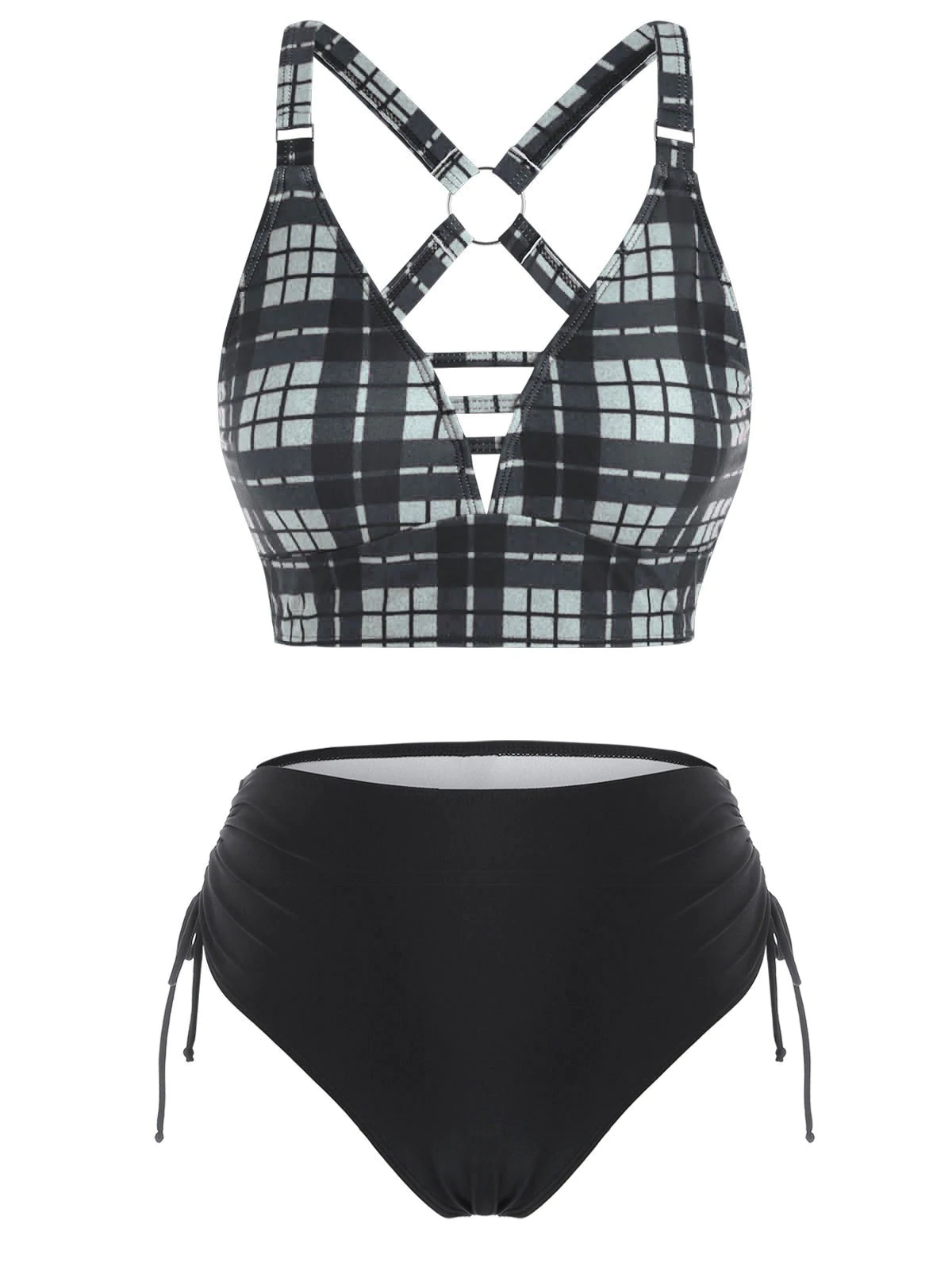 Ring Ladder Cutout Side Cinched Plaid Tankini Swimwear