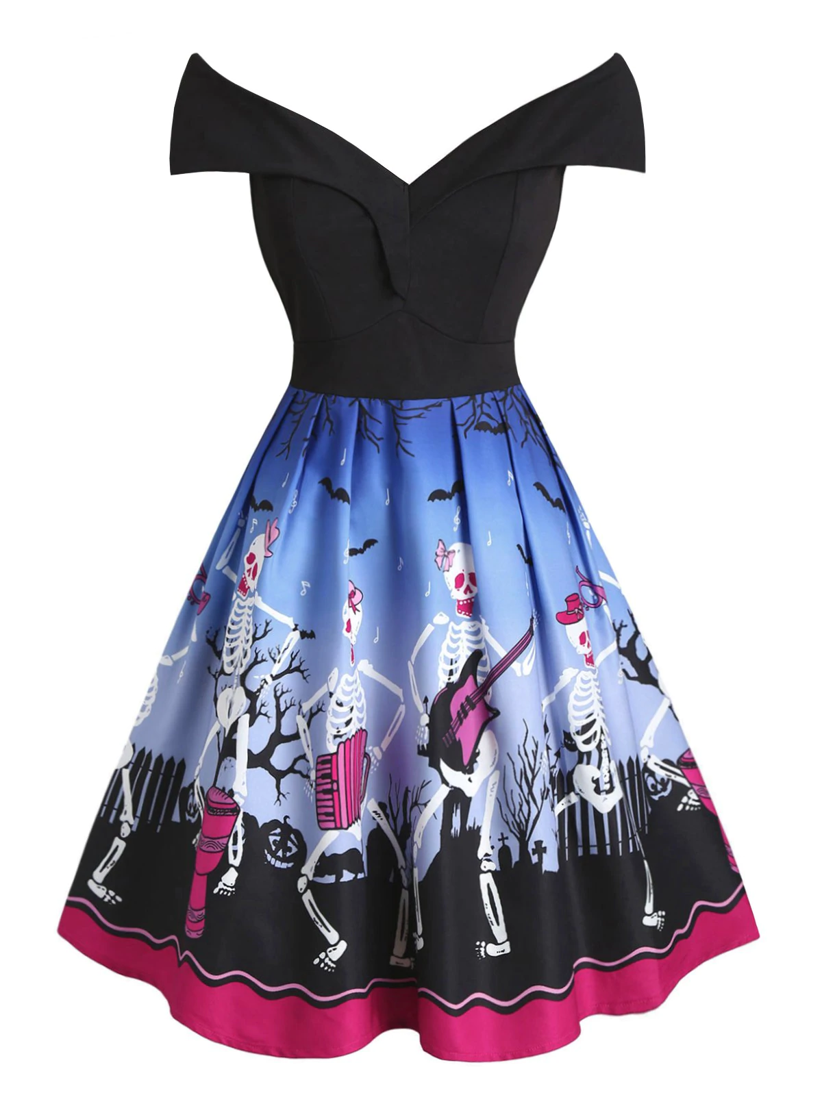 Plus Size Off The Shoulder Halloween Skeleton Print Dress