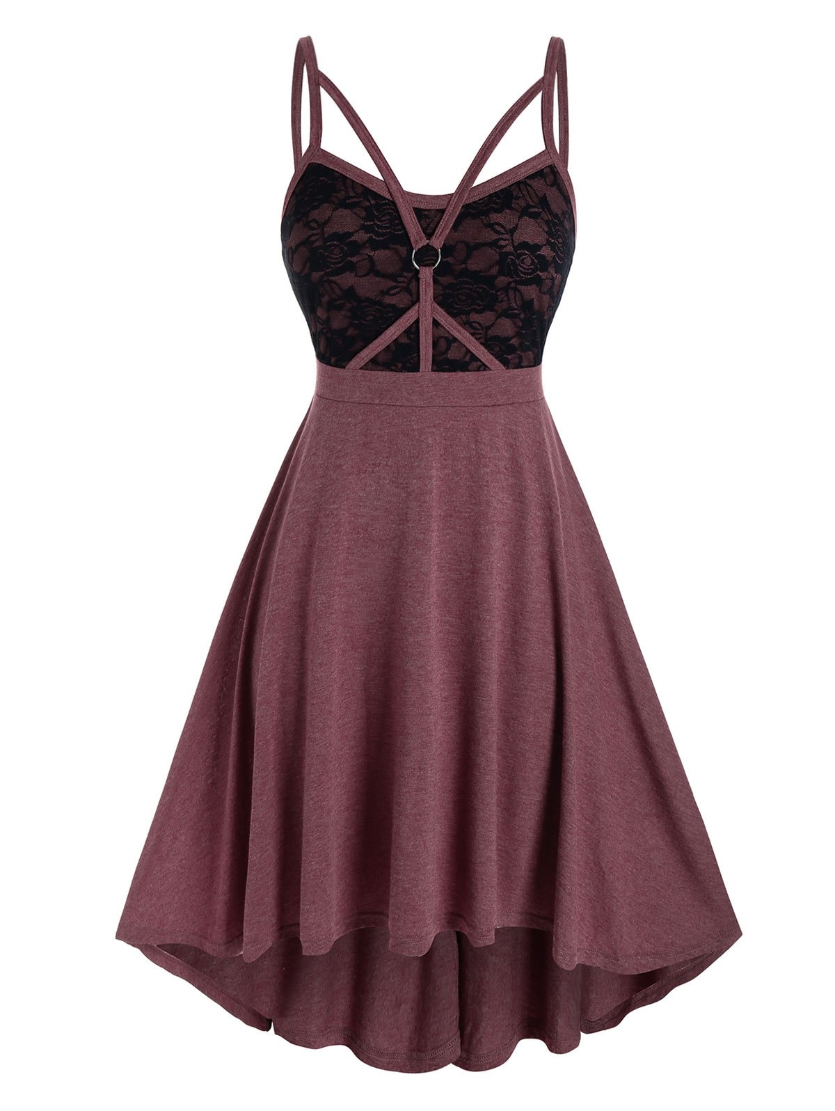 Plus Size Lace Insert Caged Strap Ring Cami Dress