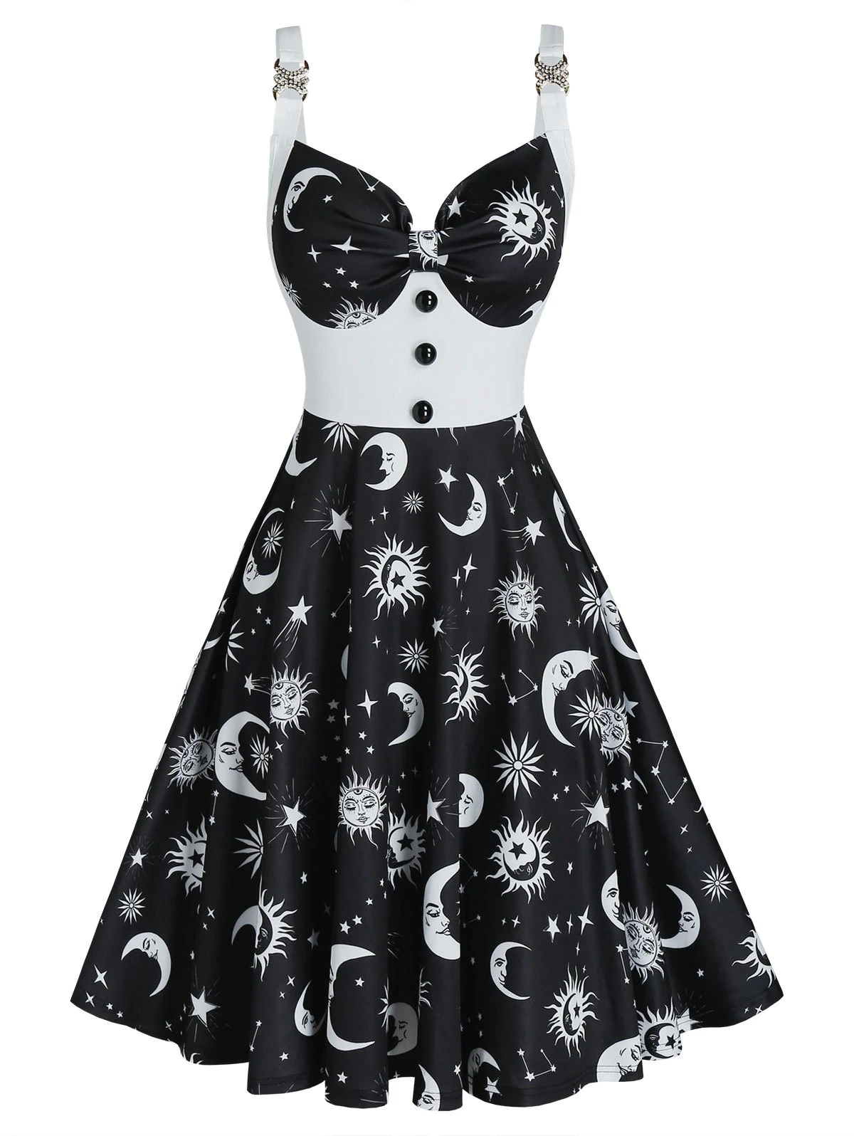 Sun Moon Star Print Sleeveless Flare Dress