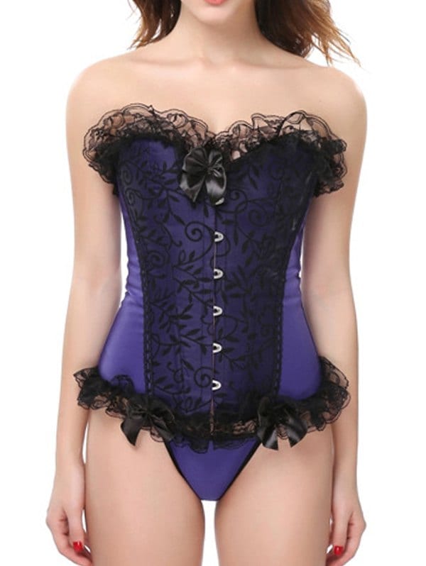 Lace Panel Flocking Organza Boned Overbust Corset Set