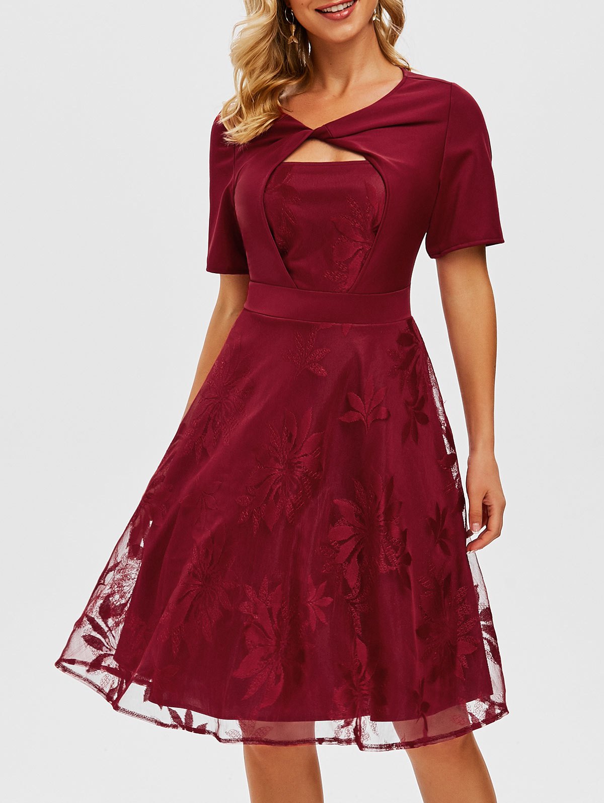 Lace Overlay Twisted Keyhole Dress