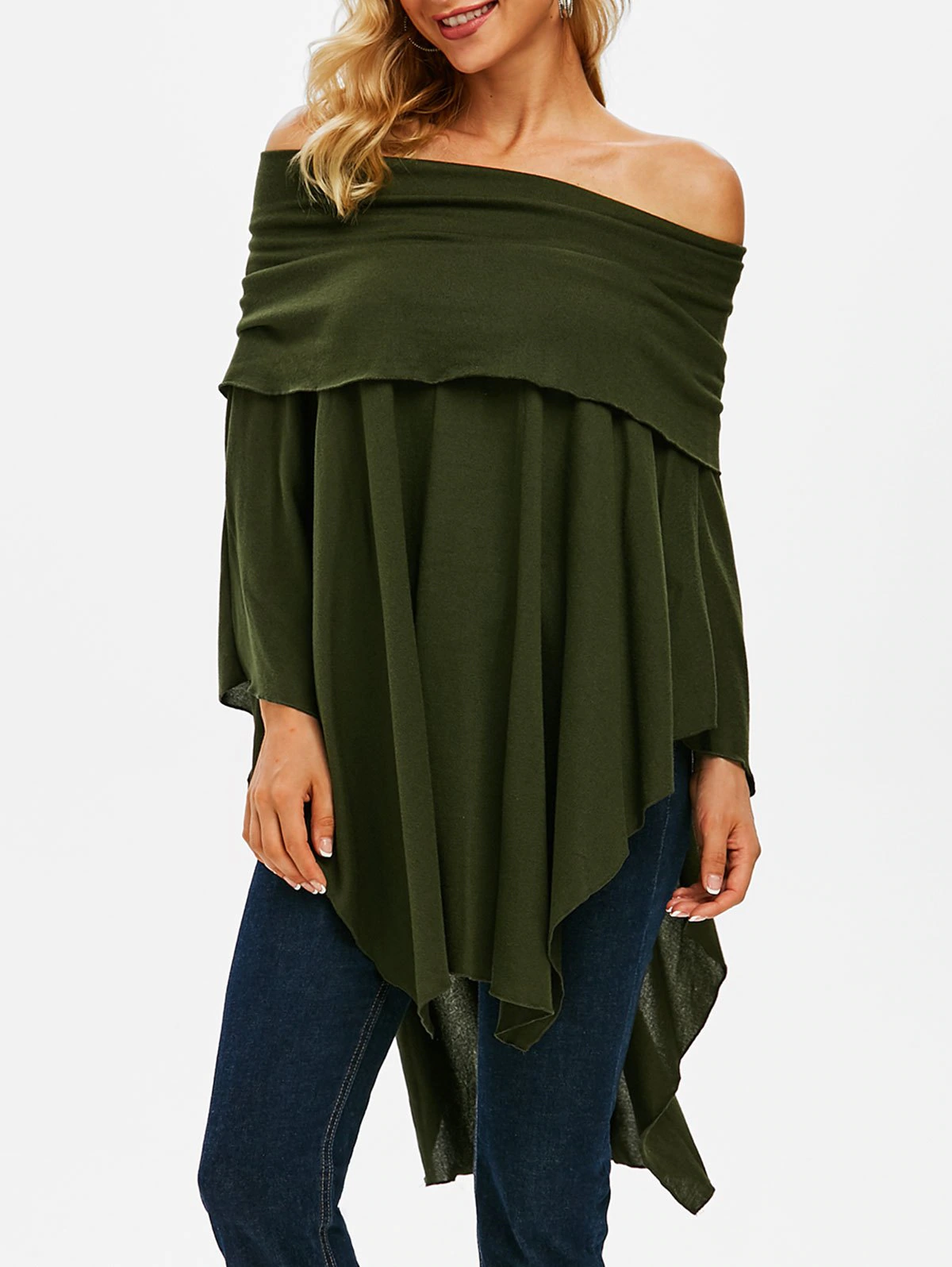 Foldover Off Shoulder Poncho Sweater