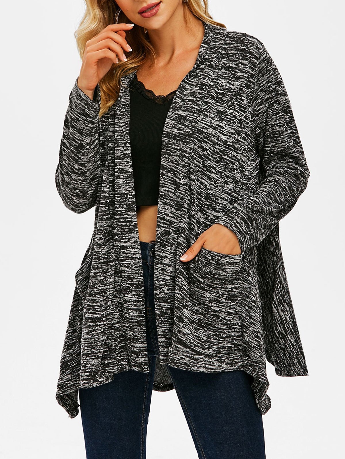 Heather Pocket Open Front Asymmetrical Cardigan