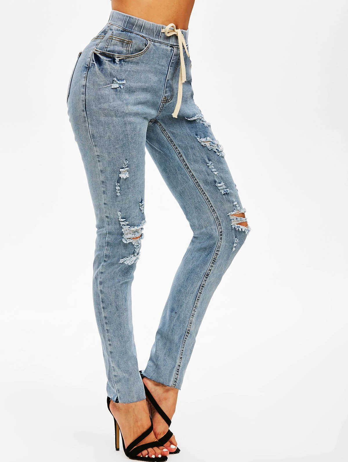 Drawstring Ripped Raw Hem Skinny Jeans