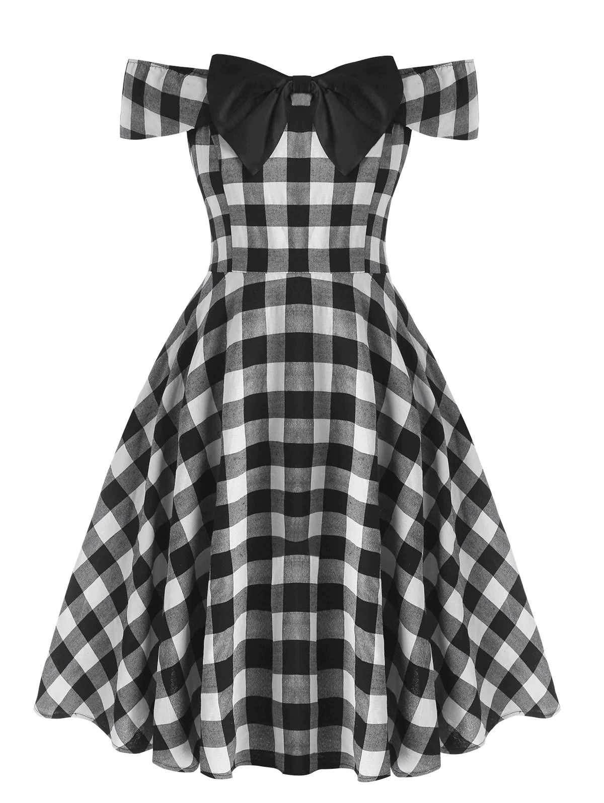 Plus Size Off The Shoulder Checked Bowknot Dres