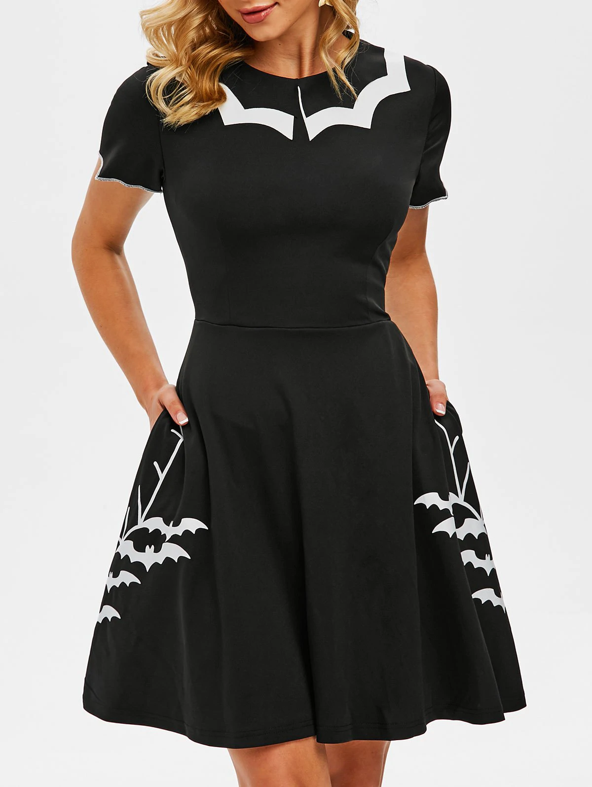 Flat Collar Halloween Bat Print Side Pocket Dress