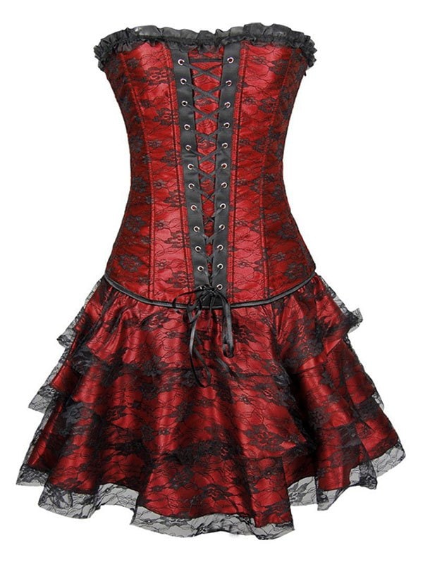 Lace Panel Lace-up Boned Corset Set with TuTu Petticoat