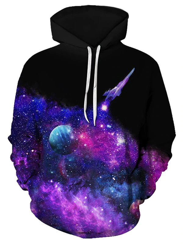 Spaceship Starry Pattern Drawstring Front Pocket Hoodie