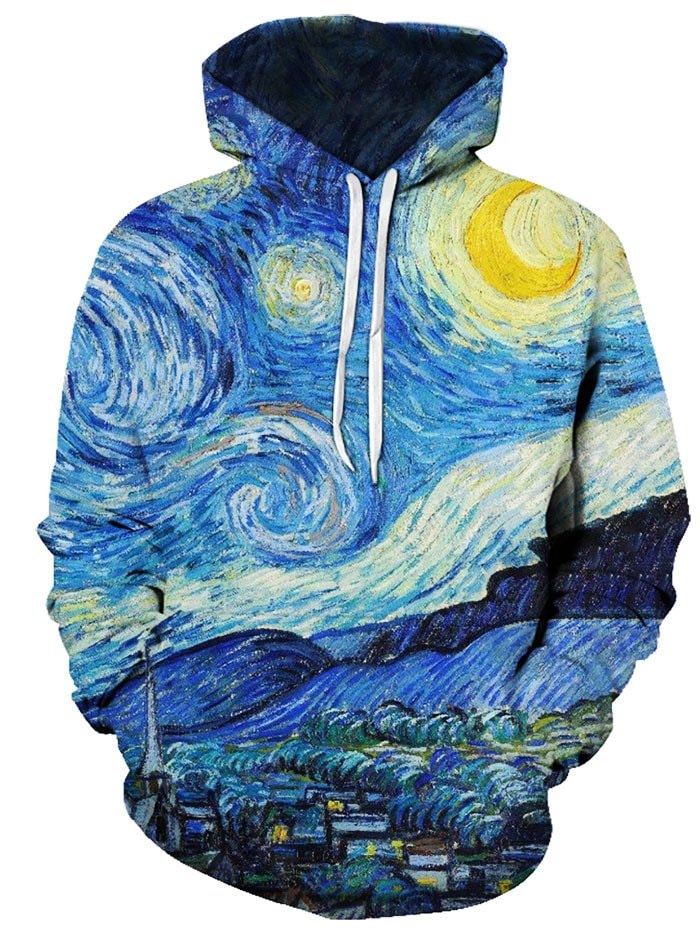 Oil Paint Starry Night Pattern Front Pocket Casual Hoodie