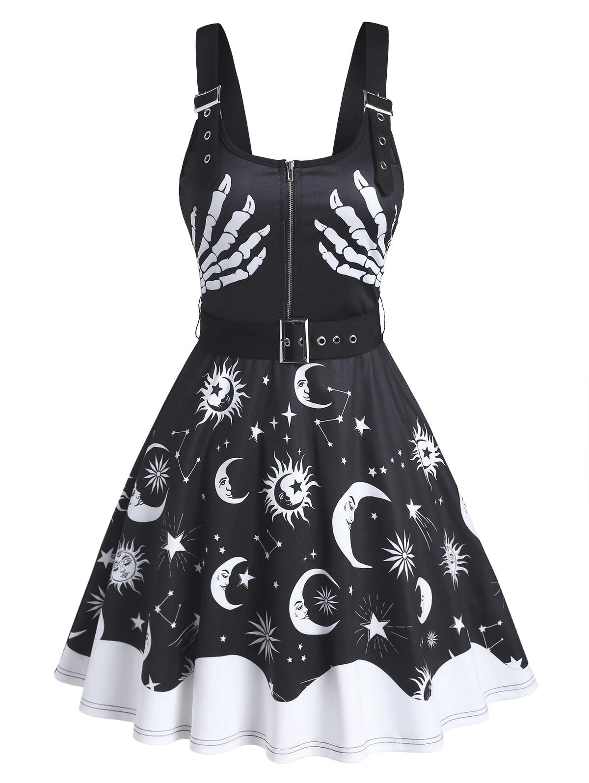 Halloween Skeleton Sun Moon Star Print Sleeveless Belted Dress