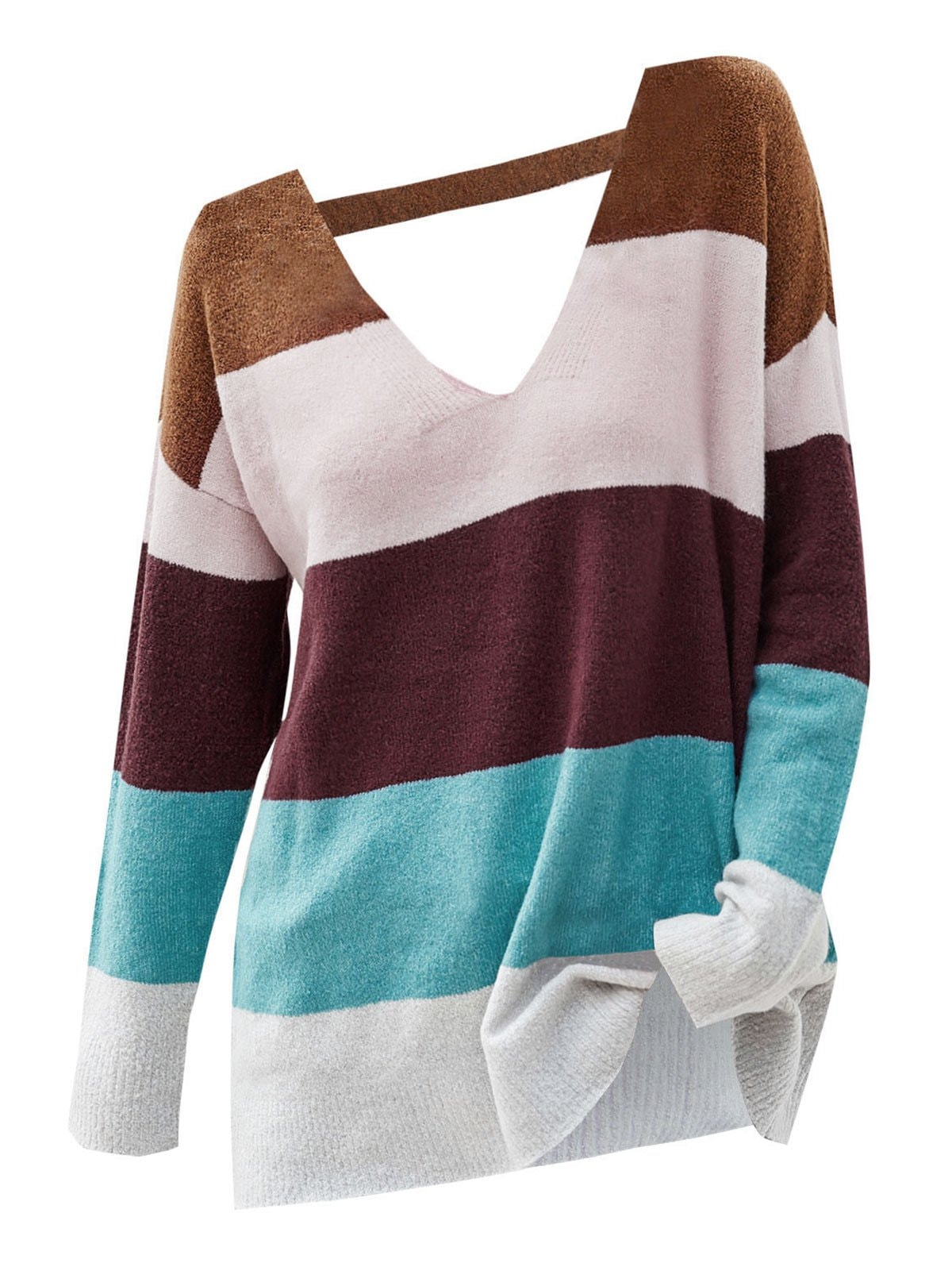 Color Blocking Cutout Drop Shoulder Sweater