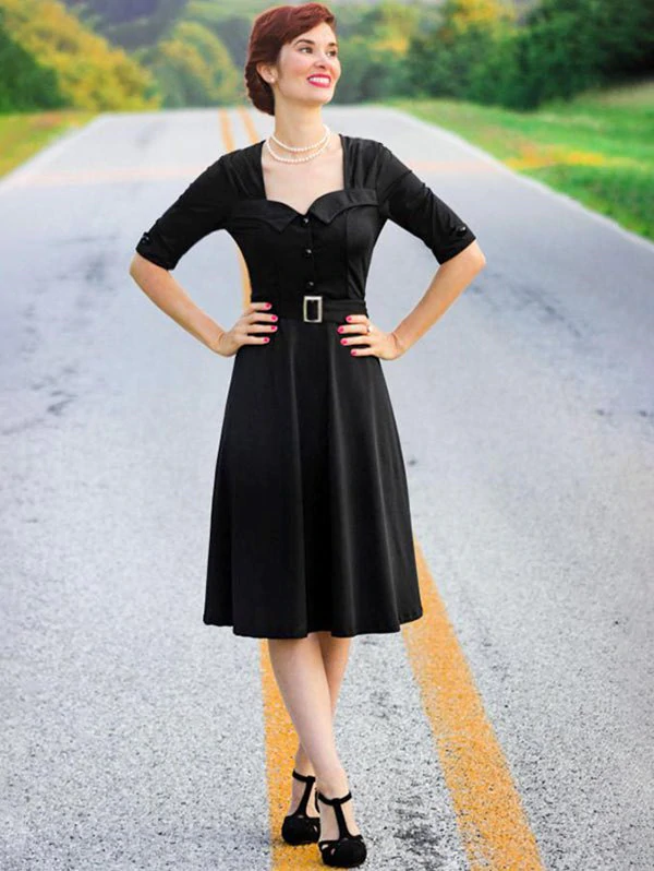 Vintage Half Button Belted Flare Dress