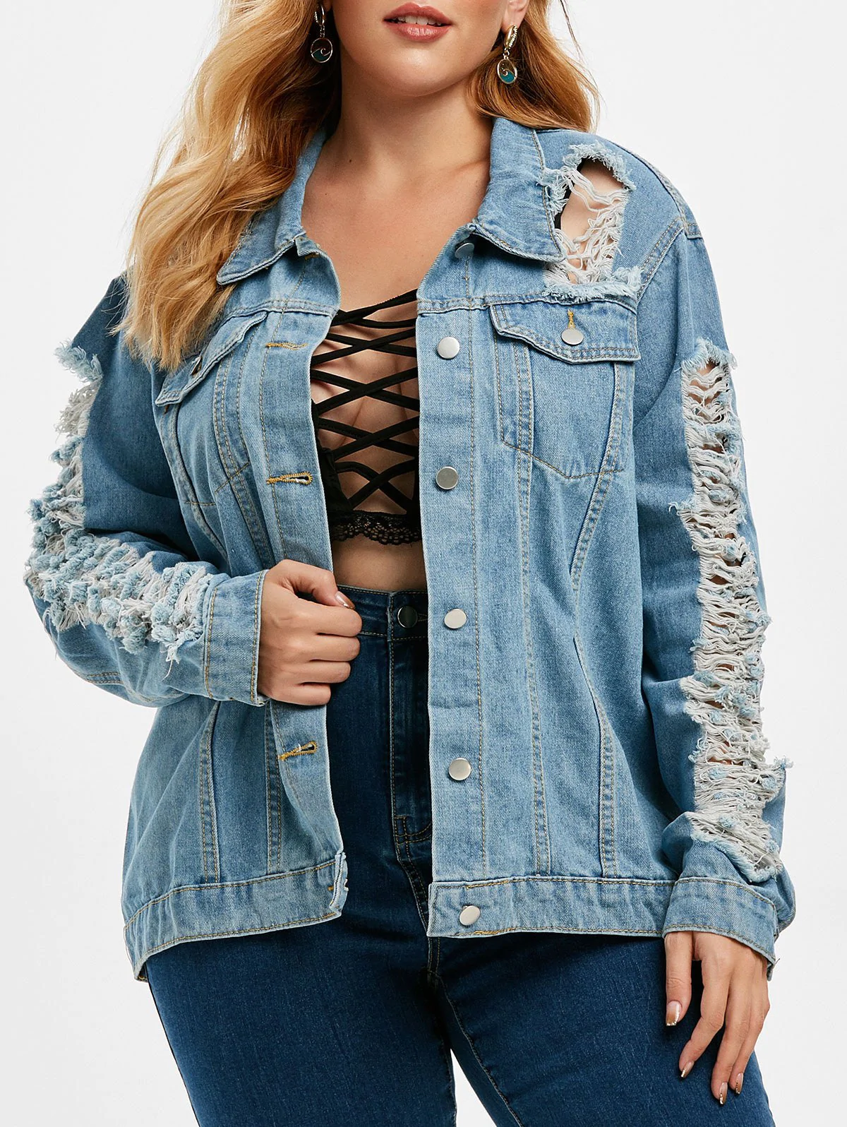 Distressed Button Up Plus Size Denim Jacket