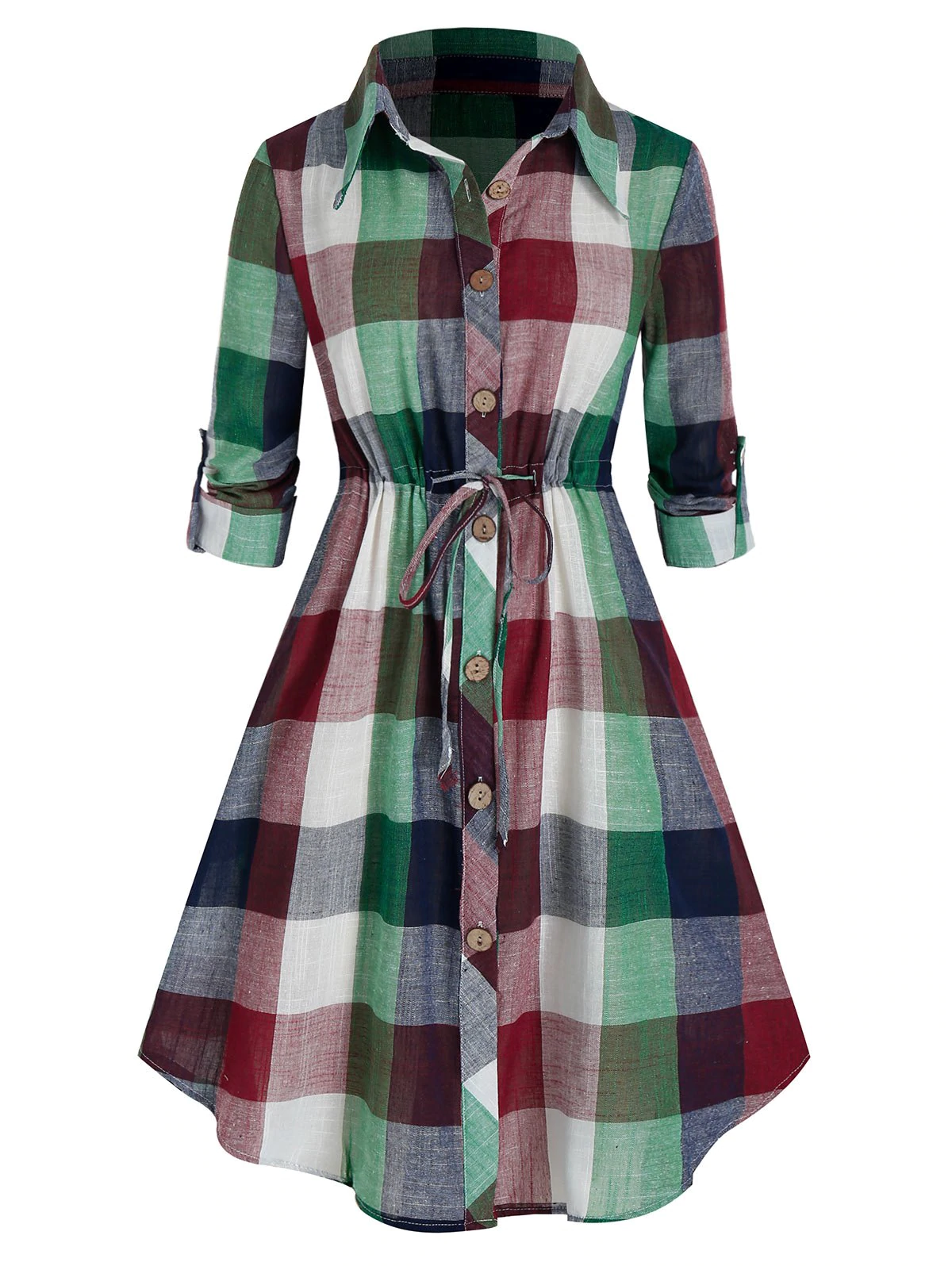 Plus Size Plaid Roll Up Sleeve Drawstring Shirt Dress