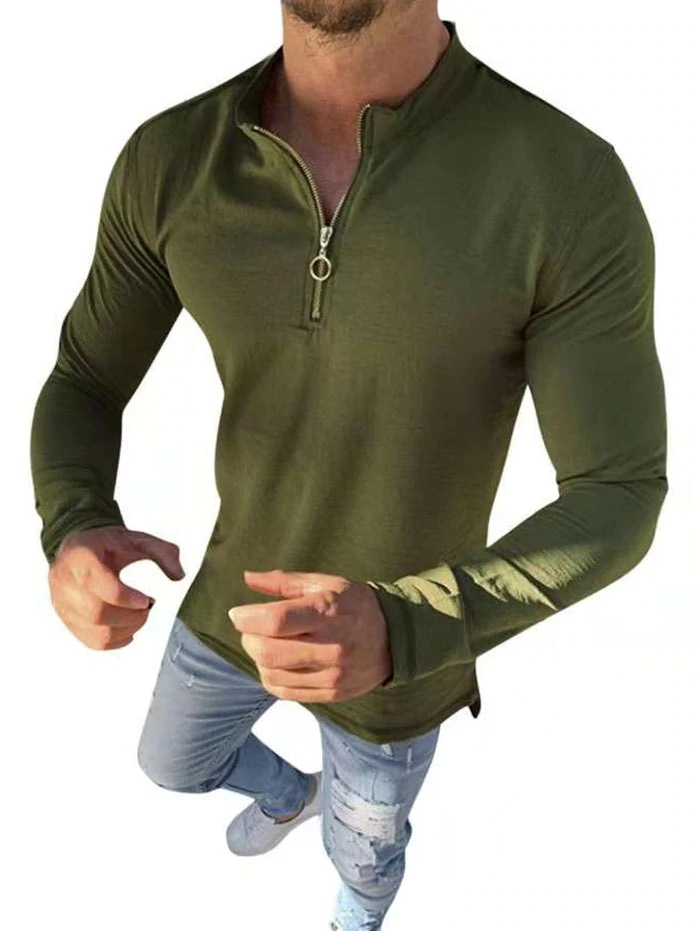 Plain O-ring Half Zipper Stand Collar Casual T Shirt