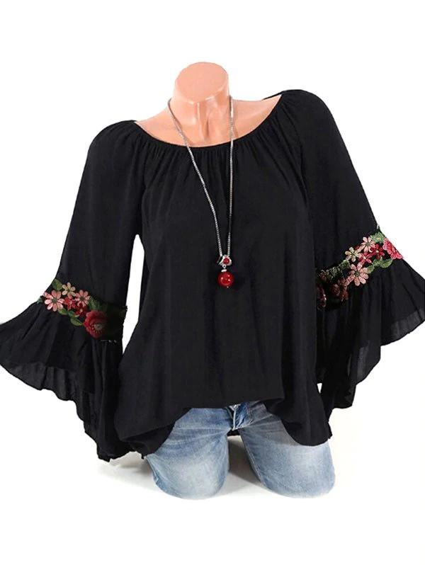 Flower Applique Bell Sleeve Tunic Blouse