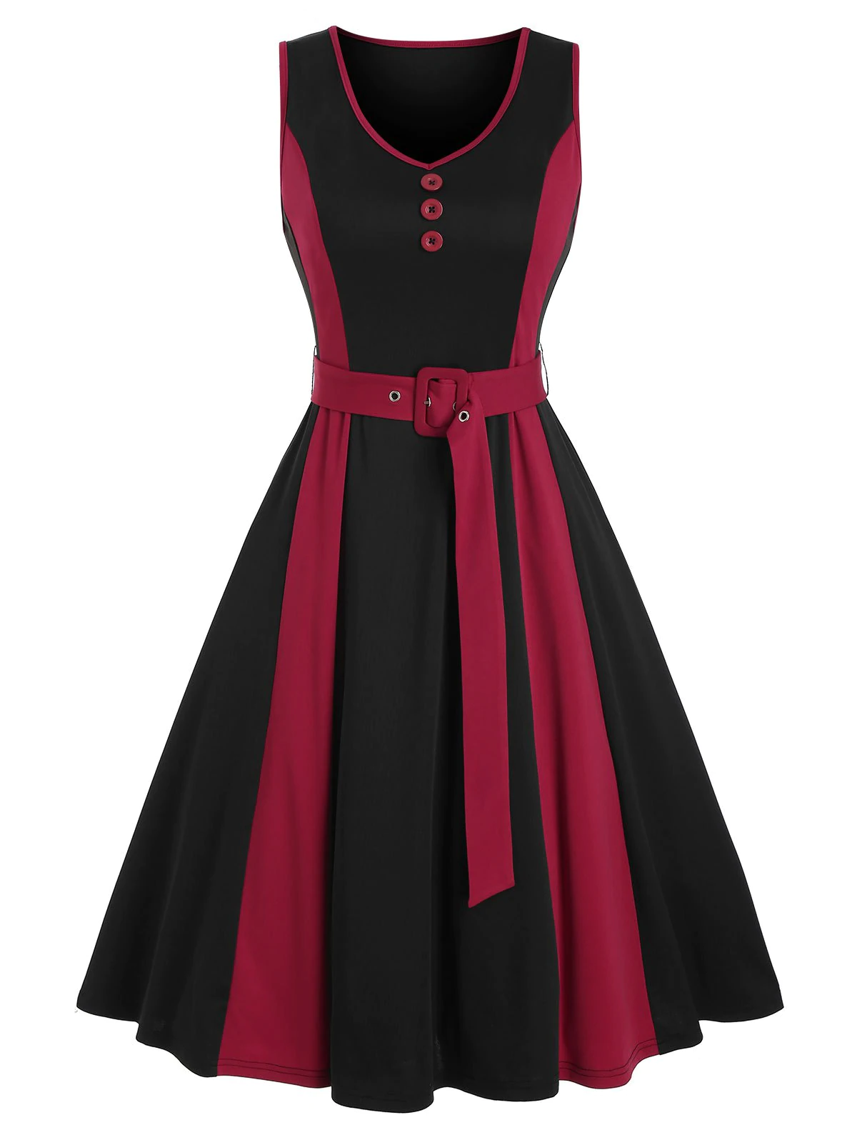 Sleeveless Mock Button Contrast Belted Dress