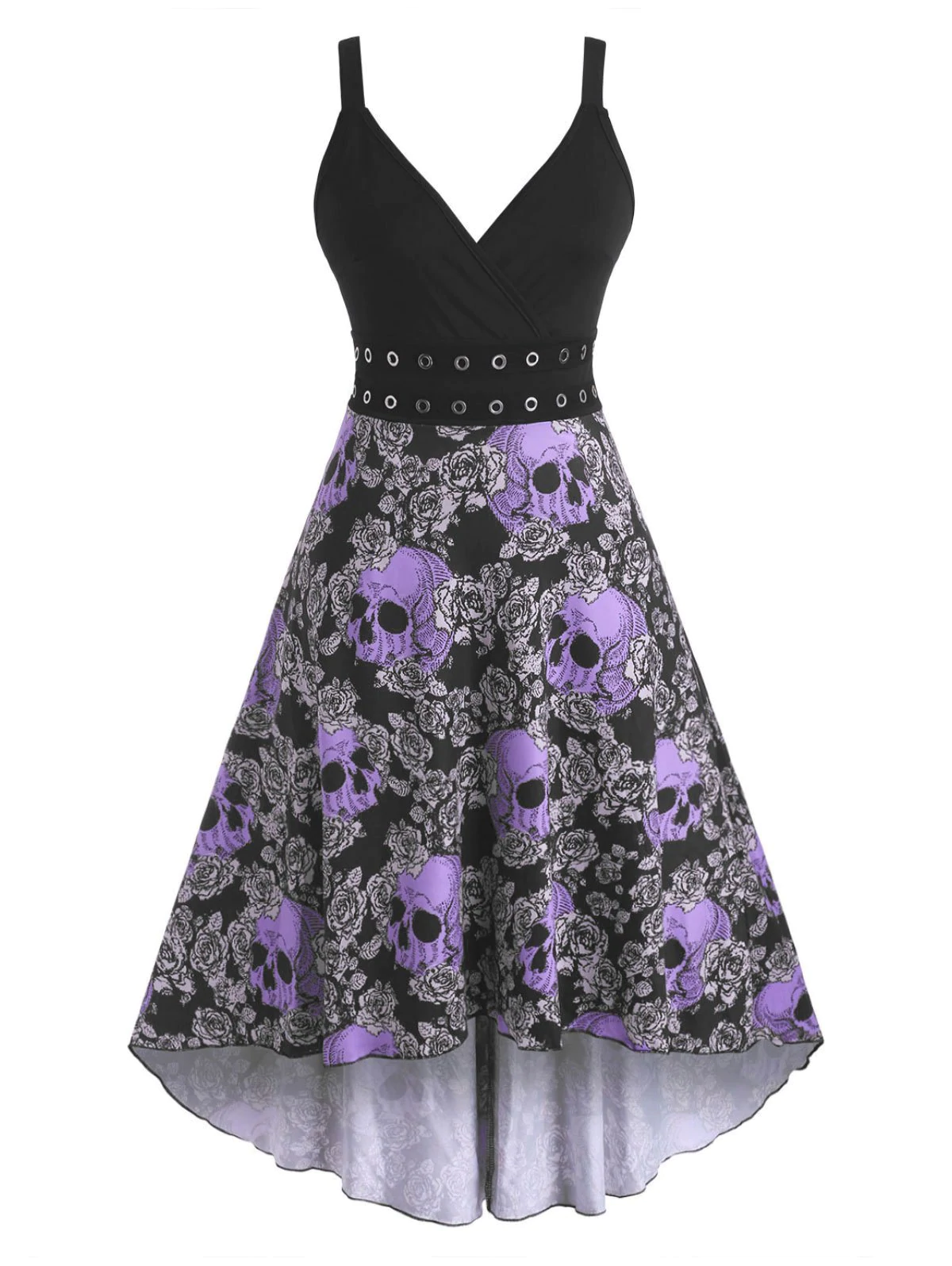 Halloween Skull Floral Grommets High Low Surplice Dress