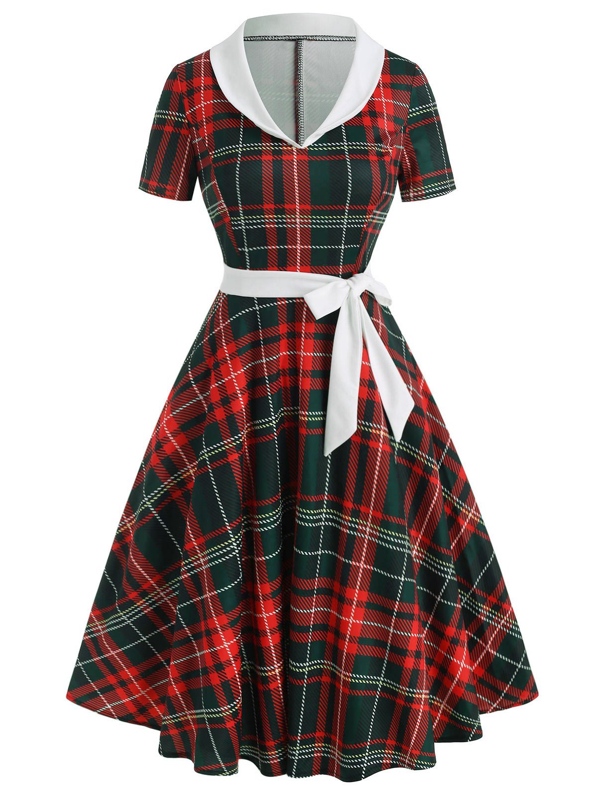 Vintage Shawl Collar Plaid Pin Up Dress