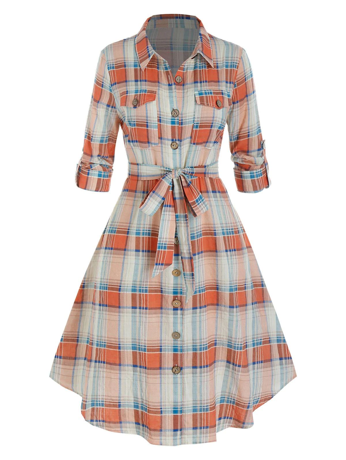 Plus Size Plaid Rolled Up Sleeve Belted Shirt Dress