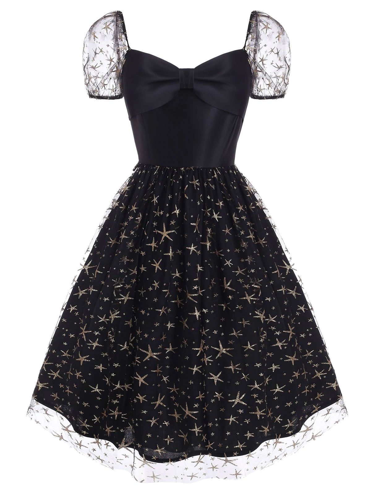 Sparkly Star Lace Insert Bowknot Sweetheart Dress