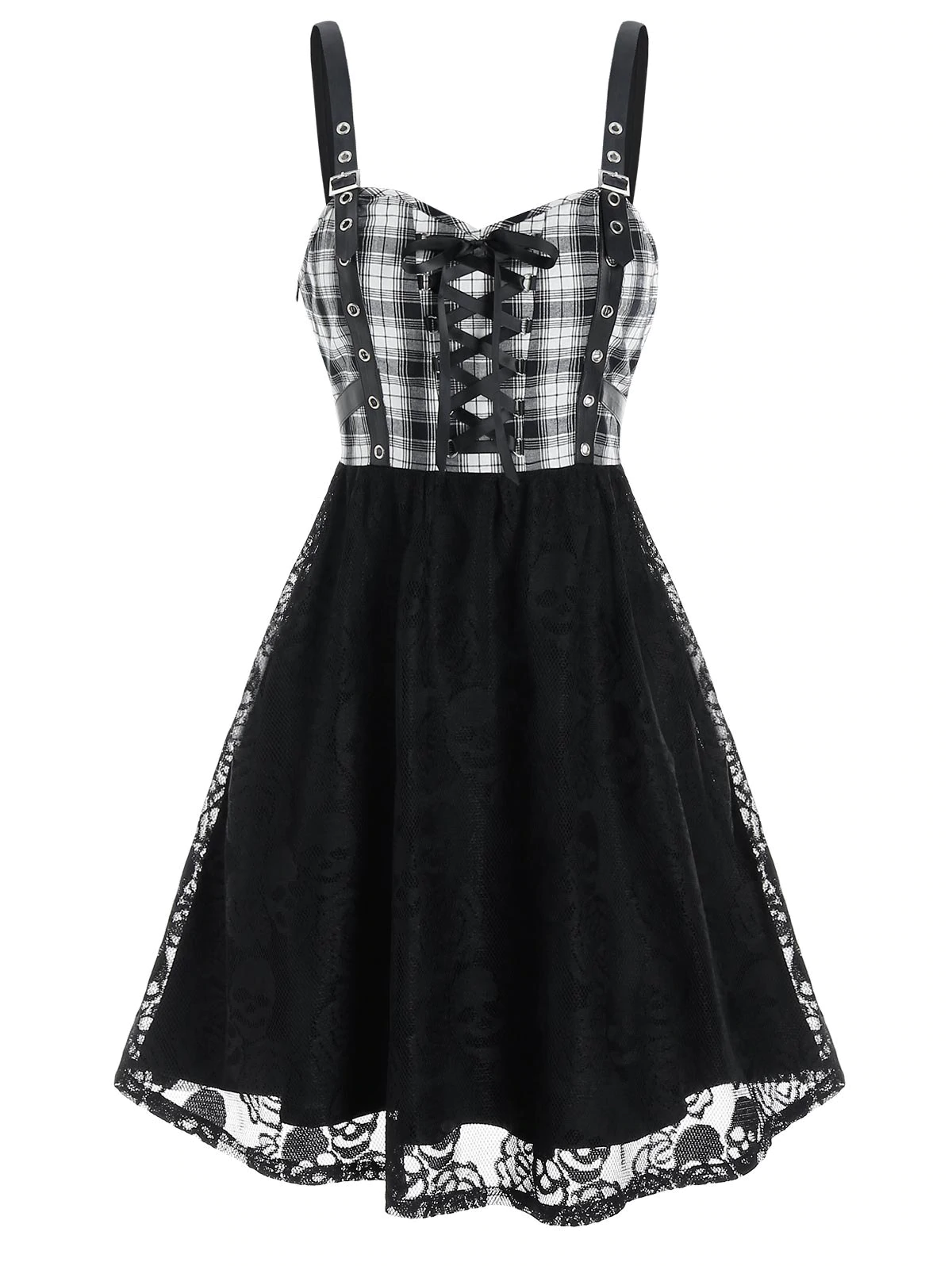 Halloween Skull Lace Insert Plaid Print Sleeveless Dress