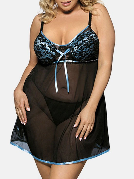 Plus Size Sheer Mesh Lingerie Babydoll Set