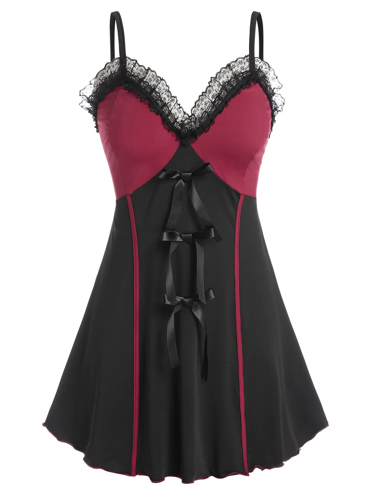 Plus Size Bicolor Bowknot Lace Trim Lingerie Dress