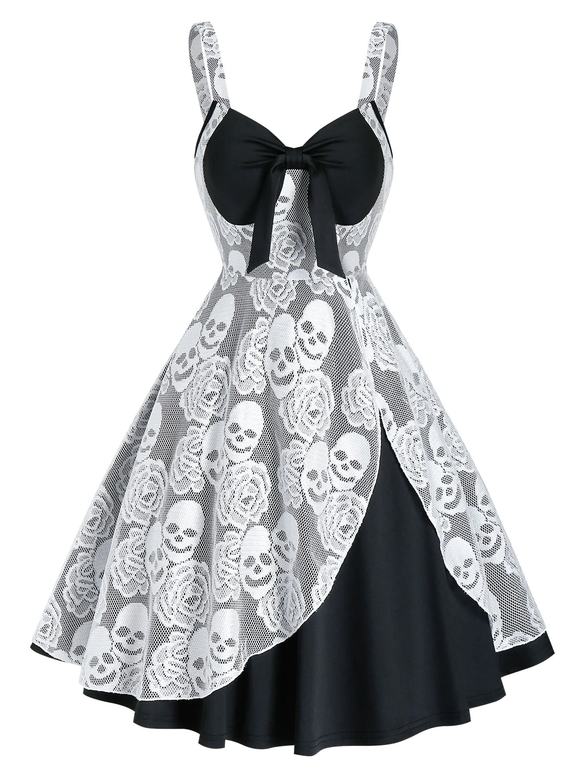 Halloween Skull Lace Insert Sleeveless Twofer Dress