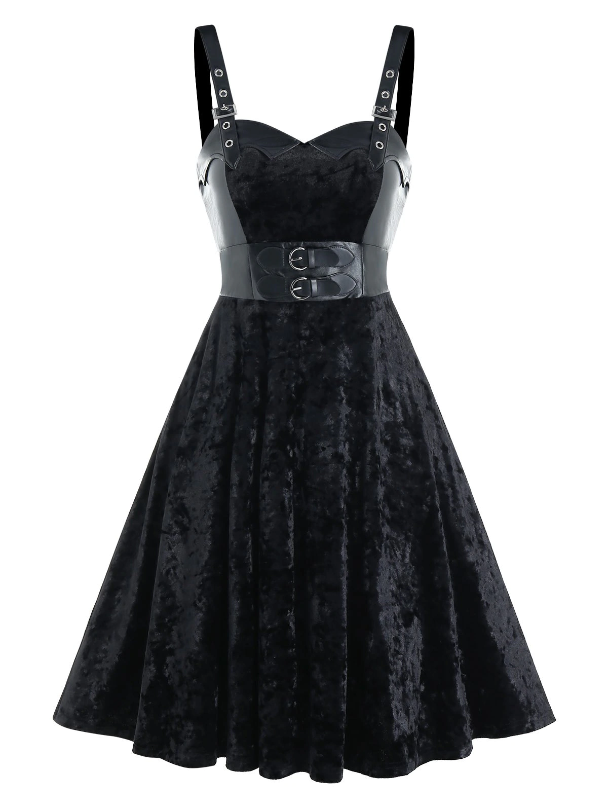 Buckle Strap Velvet Fabric Lace-up Sleeveless Dress