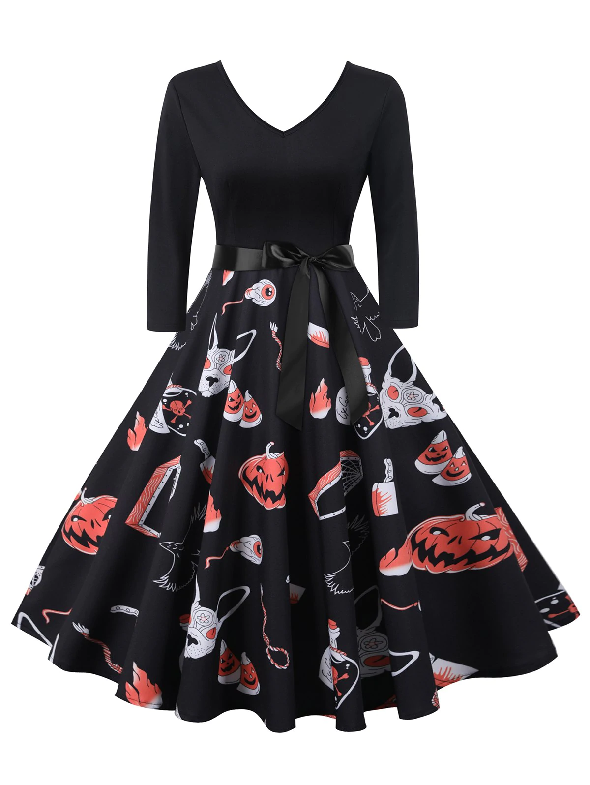 Halloween Pumpkin Flame Spider Web Print Belted Dress