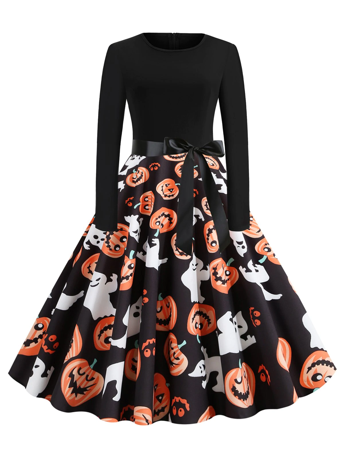 Halloween Pumpkin Long Sleeve Belted Dress