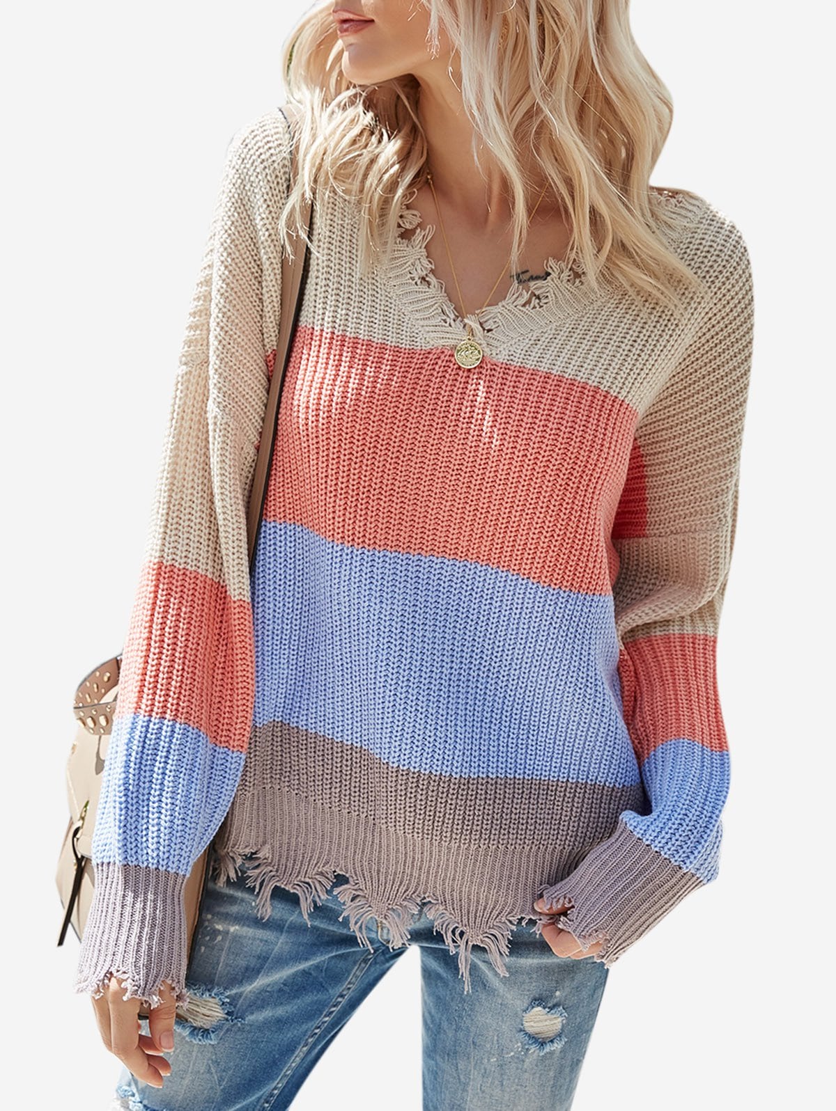 Colorblock V Neck Distressed Sweater