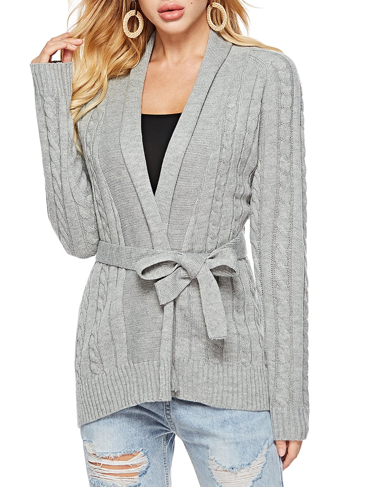 Shawl Collar Belted Cable Knit Cardigan