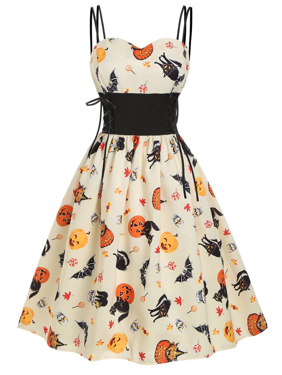 Halloween Pumpkin Bat Skull Print Lace Up Dress