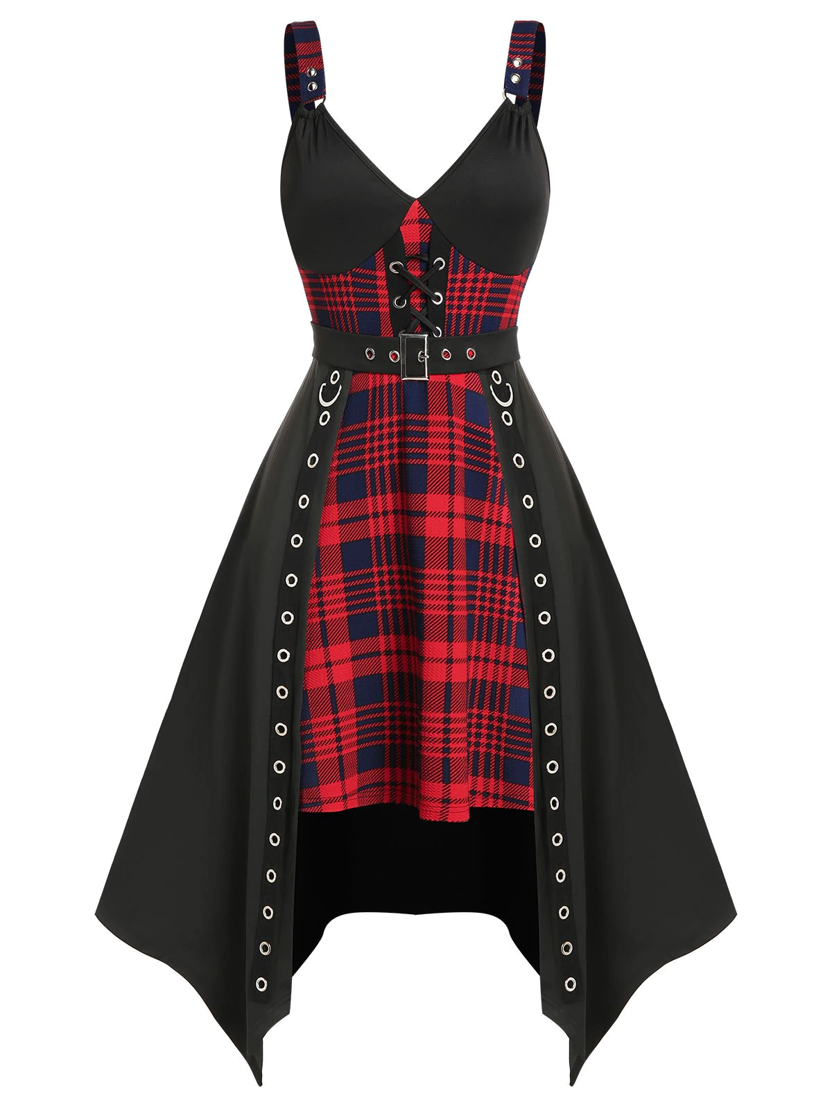 Plus Size Plaid Hanky Hem Grommet Lattice Midi Dress