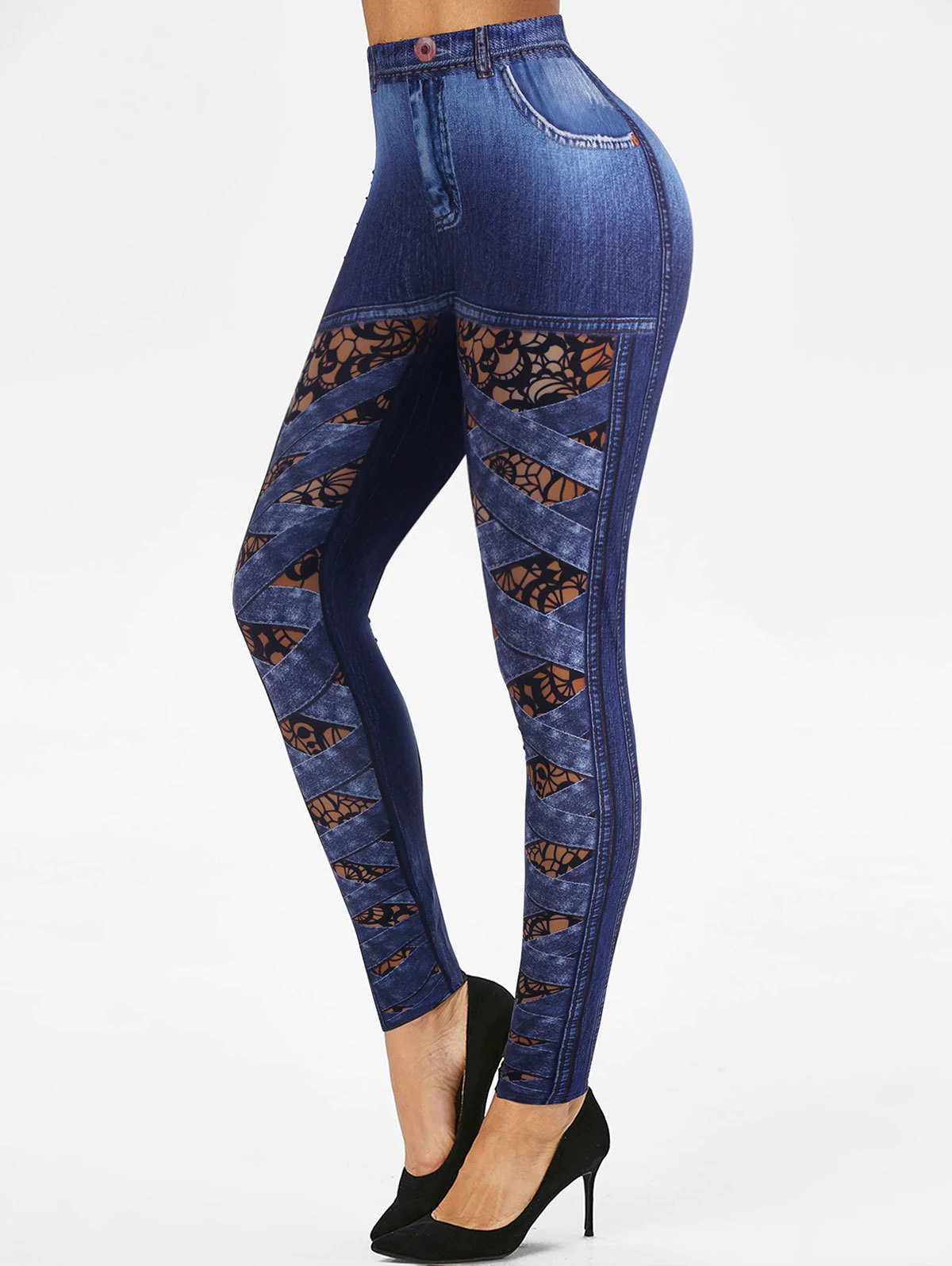 Floral Crisscross Print Faux Denim High Rise Leggings