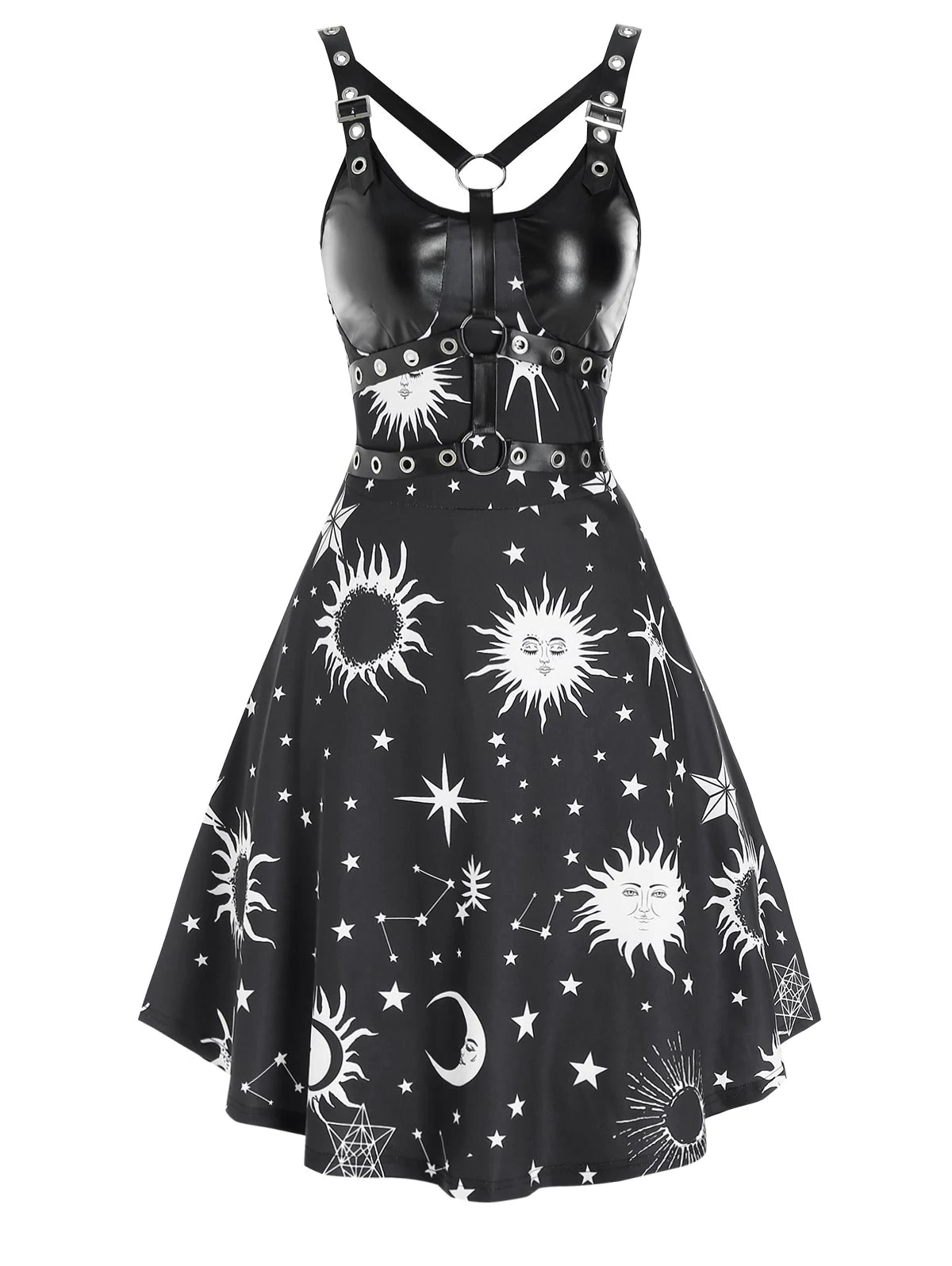 Sun Star Moon Print Harness Leather Insert Cami A Line Dress