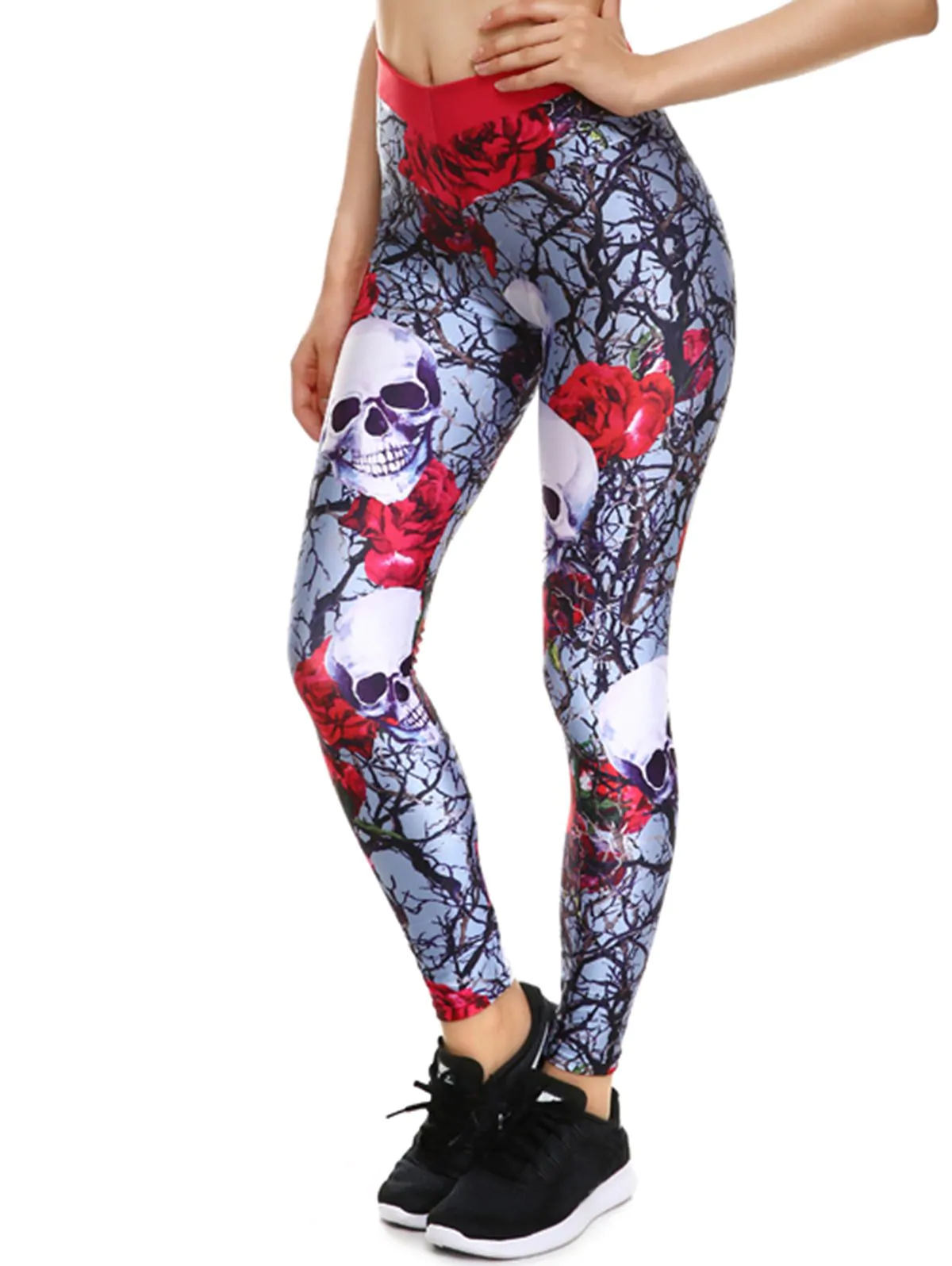 Halloween Flower Skulls Wide Waistband Gym Leggings