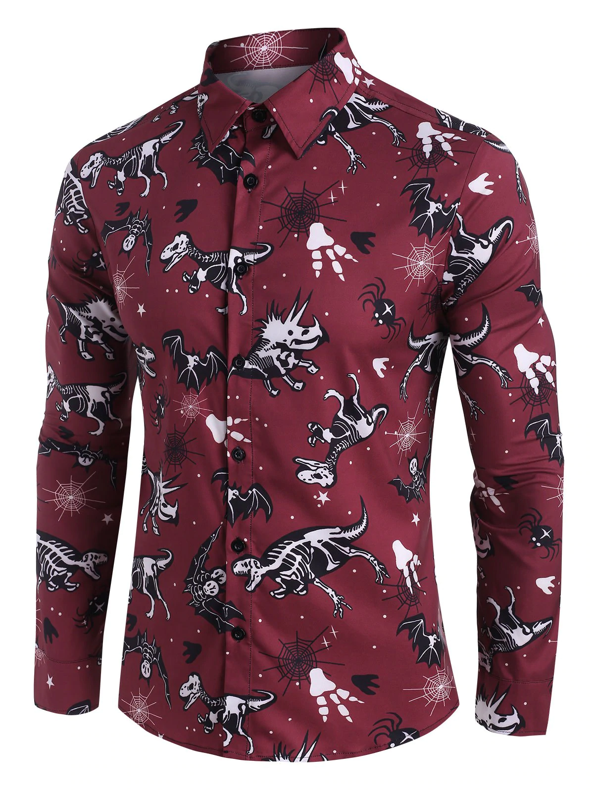 Halloween Dinosaur Bat Skeleton Print Button Up Shirt